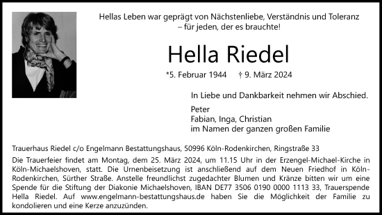 Anzeige von Hella Riedel von Kölner Stadt-Anzeiger / Kölnische Rundschau / Express