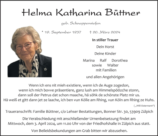 Anzeige von Helma Katharina Büttner von  Blickpunkt Euskirchen 