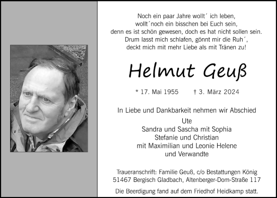 Anzeige von Helmut Geuß von  Bergisches Handelsblatt 