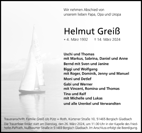 Anzeige von Helmut Greiß von  Bergisches Handelsblatt 