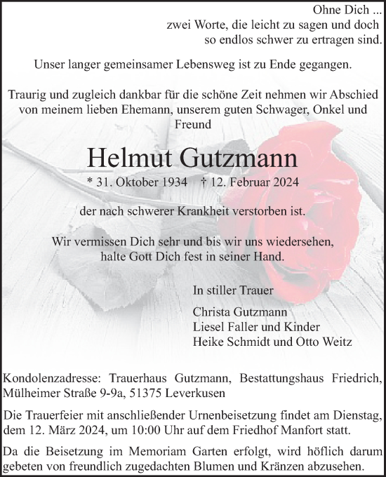 Anzeige von Helmut Gutzmann von Kölner Stadt-Anzeiger / Kölnische Rundschau / Express