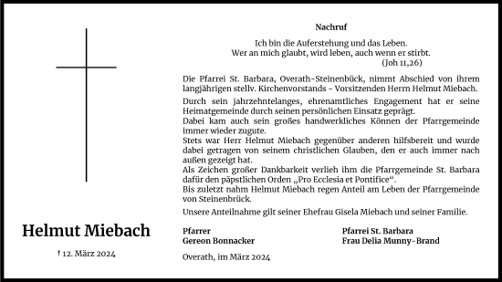 Anzeige von Helmut Miebach von Kölner Stadt-Anzeiger / Kölnische Rundschau / Express