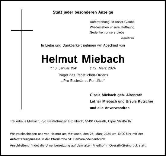 Anzeige von Helmut Miebach von Kölner Stadt-Anzeiger / Kölnische Rundschau / Express