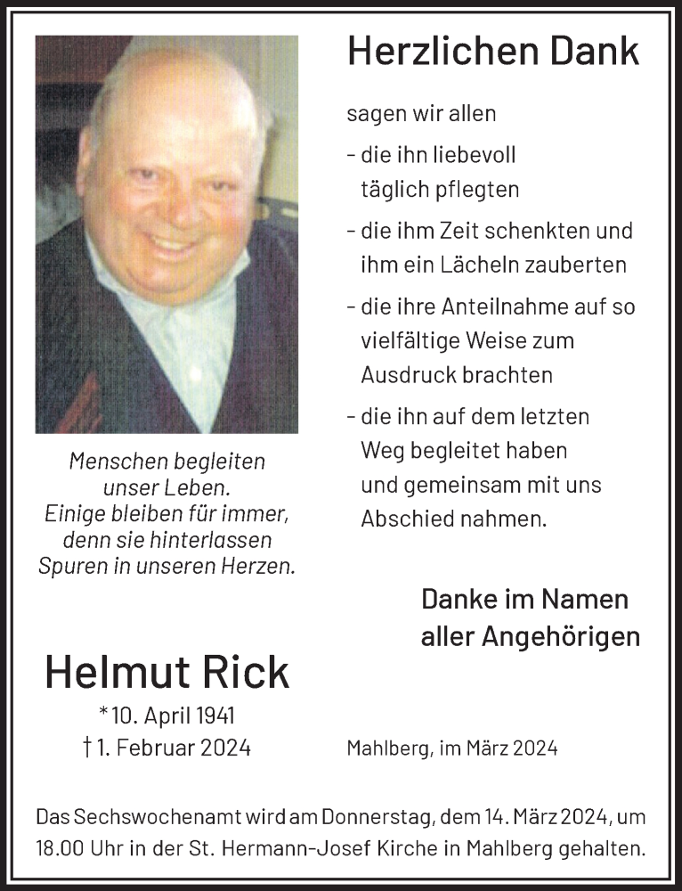  Traueranzeige für Helmut Rick vom 09.03.2024 aus  Blickpunkt Euskirchen 