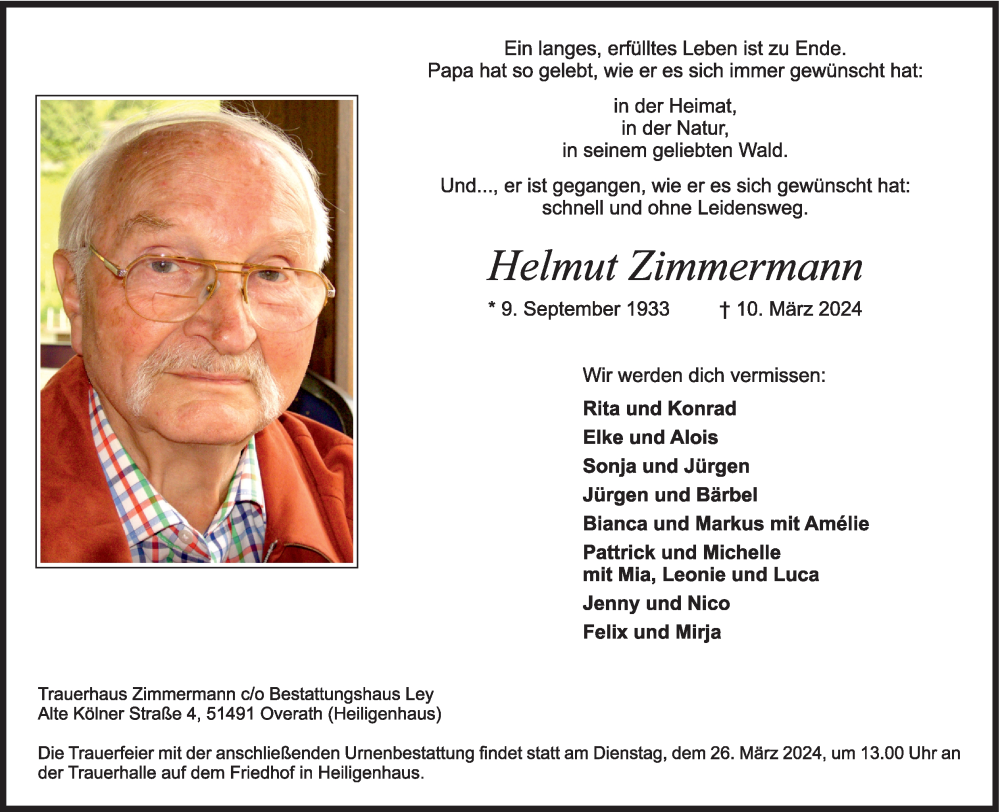  Traueranzeige für Helmut Zimmermann vom 16.03.2024 aus Kölner Stadt-Anzeiger / Kölnische Rundschau / Express