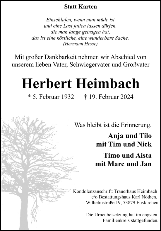 Anzeige von Herbert Heimbach von  Blickpunkt Euskirchen 