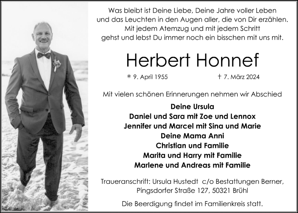  Traueranzeige für Herbert Honnef vom 15.03.2024 aus  Schlossbote/Werbekurier 