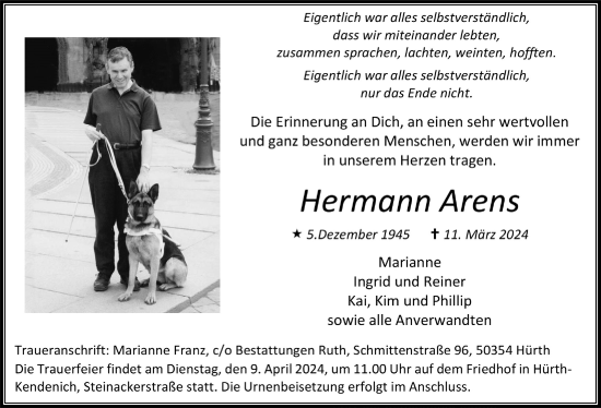 Anzeige von Hermann Arens von  Wochenende 