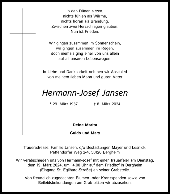 Anzeige von Hermann-Josef Jansen von Kölner Stadt-Anzeiger / Kölnische Rundschau / Express