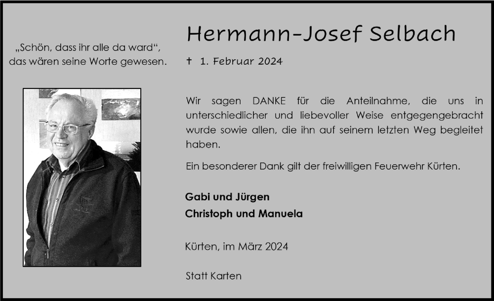 Traueranzeige für Hermann-Josef Selbach vom 15.03.2024 aus  Bergisches Handelsblatt 