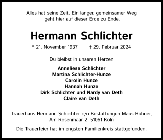 Anzeige von Hermann Schlichter von Kölner Stadt-Anzeiger / Kölnische Rundschau / Express