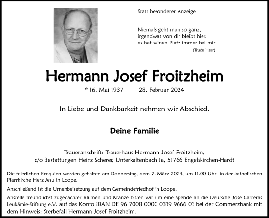 Anzeige von Hermann Josef Froitzheim von Kölner Stadt-Anzeiger / Kölnische Rundschau / Express