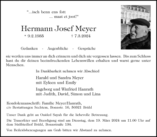 Anzeige von Hermann Josef Meyer von Kölner Stadt-Anzeiger / Kölnische Rundschau / Express