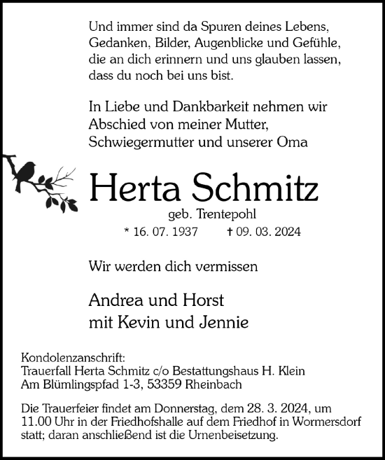 Anzeige von Herta Schmitz von  Schaufenster/Blickpunkt 