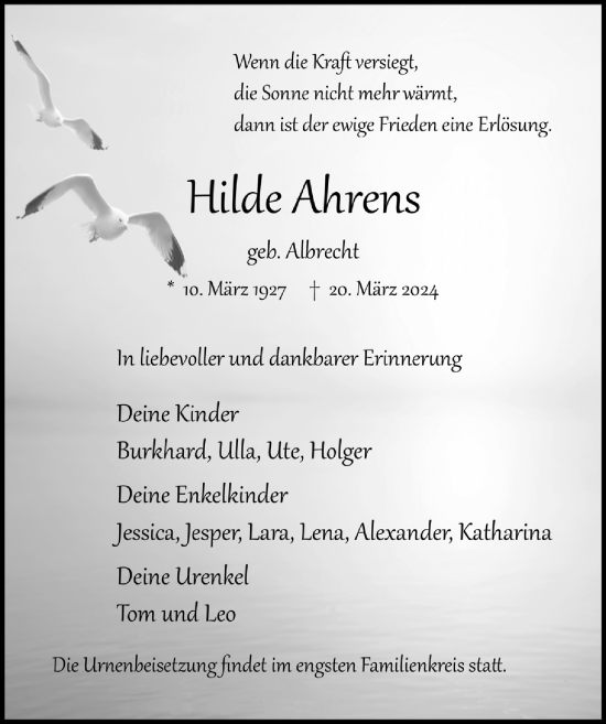 Anzeige von Hilde Ahrens von  Anzeigen Echo 