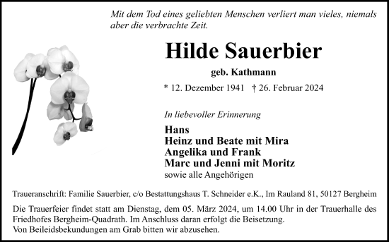 Anzeige von Hilde Sauerbier von Kölner Stadt-Anzeiger / Kölnische Rundschau / Express