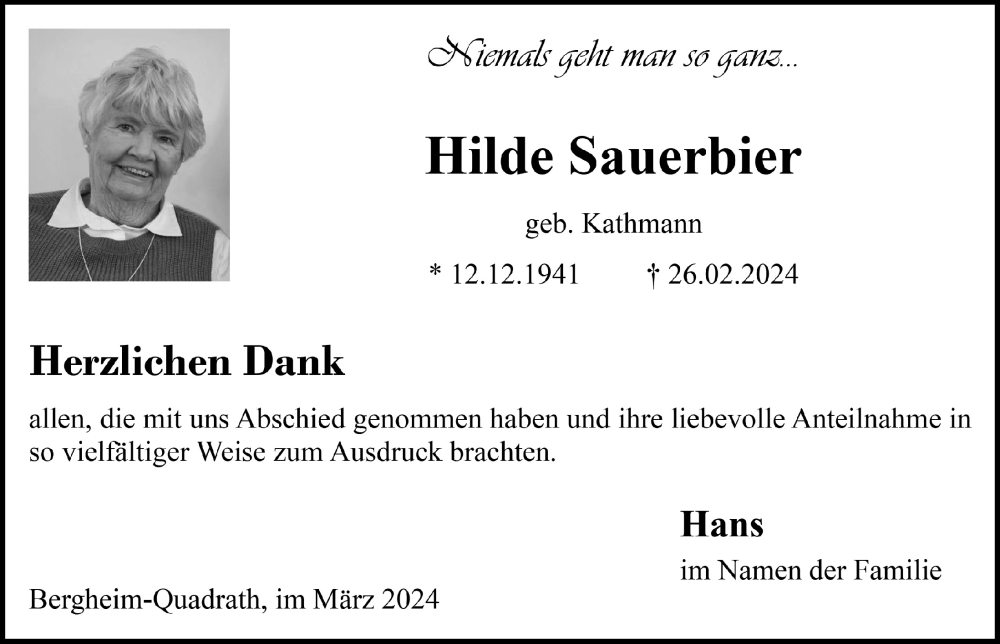  Traueranzeige für Hilde Sauerbier vom 15.03.2024 aus  Werbepost 