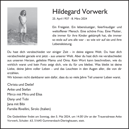 Anzeige von Hildegard Vorwerk von  Anzeigen Echo 