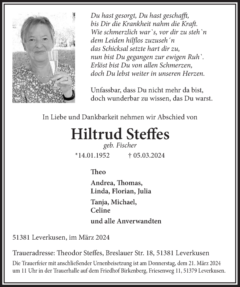  Traueranzeige für Hiltrud Steffes vom 15.03.2024 aus  Lokale Informationen 
