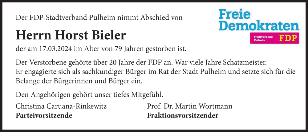  Traueranzeige für Horst Bieler vom 28.03.2024 aus  Wochenende 