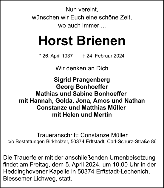 Anzeige von Horst Brienen von Kölner Stadt-Anzeiger / Kölnische Rundschau / Express