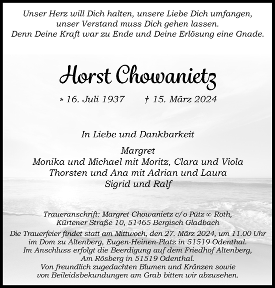 Anzeige von Horst Chowanietz von Kölner Stadt-Anzeiger / Kölnische Rundschau / Express