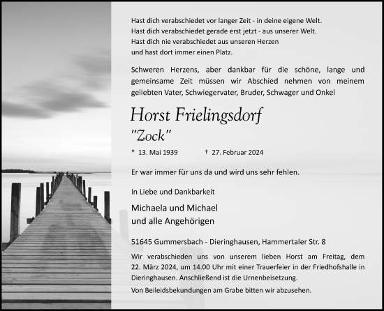 Anzeige von Horst Frielingsdorf von Kölner Stadt-Anzeiger / Kölnische Rundschau / Express