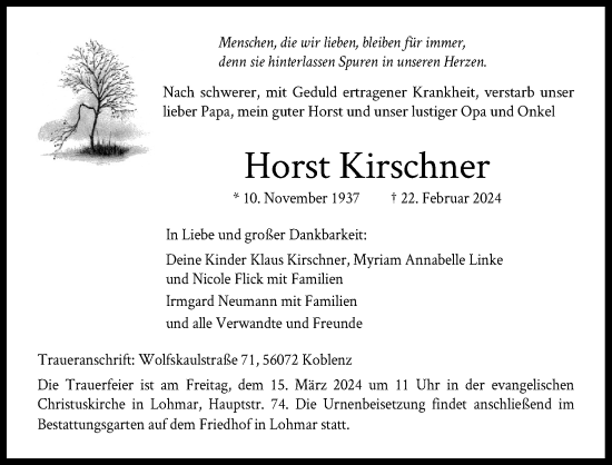 Anzeige von Horst Kirschner von Kölner Stadt-Anzeiger / Kölnische Rundschau / Express