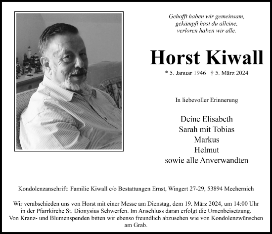 Anzeige von Horst Kiwall von  Blickpunkt Euskirchen 