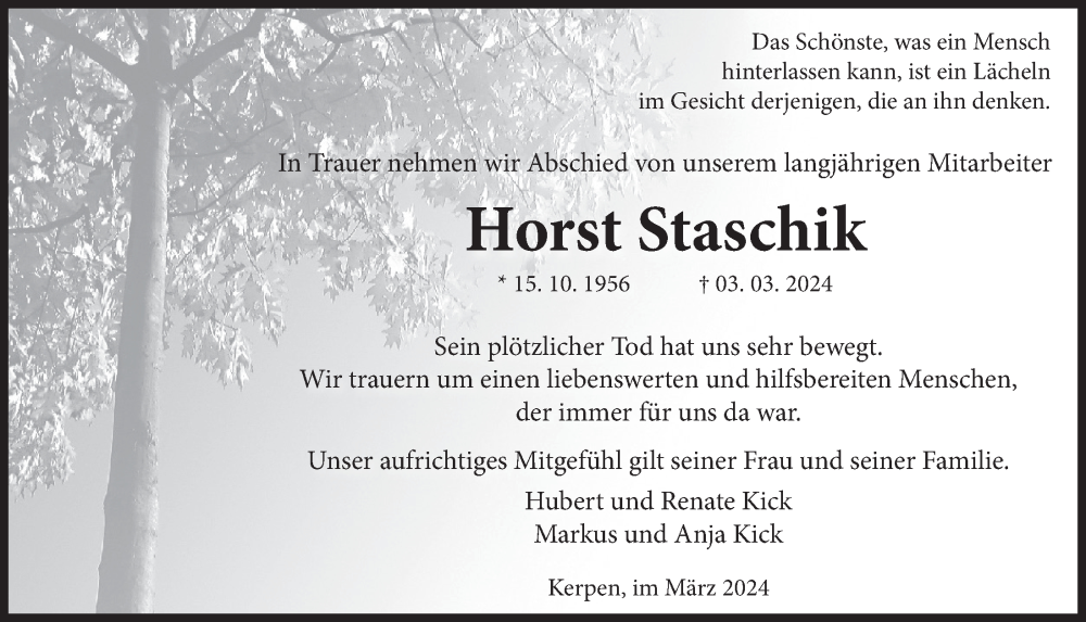  Traueranzeige für Horst Staschik vom 15.03.2024 aus  Werbepost 