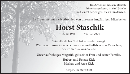 Anzeige von Horst Staschik von  Werbepost 
