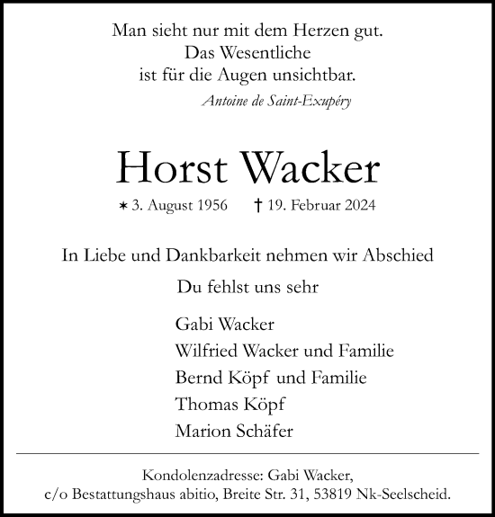 Anzeige von Horst Wacker von Kölner Stadt-Anzeiger / Kölnische Rundschau / Express