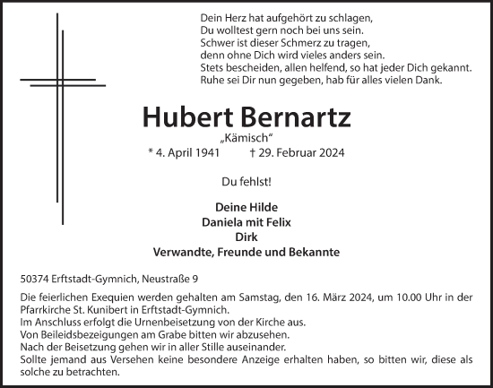 Anzeige von Hubert Bernartz von  Werbepost 