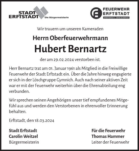 Anzeige von Hubert Bernartz von  Werbepost 