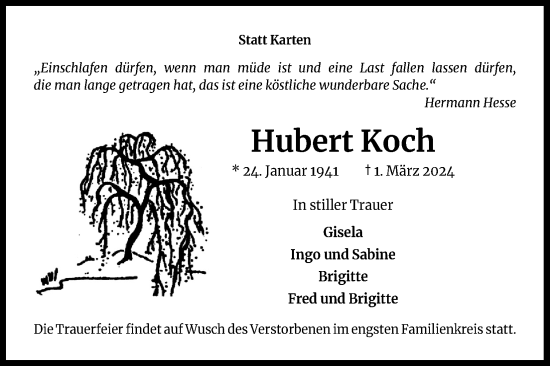 Anzeige von Hubert Koch von Kölner Stadt-Anzeiger / Kölnische Rundschau / Express