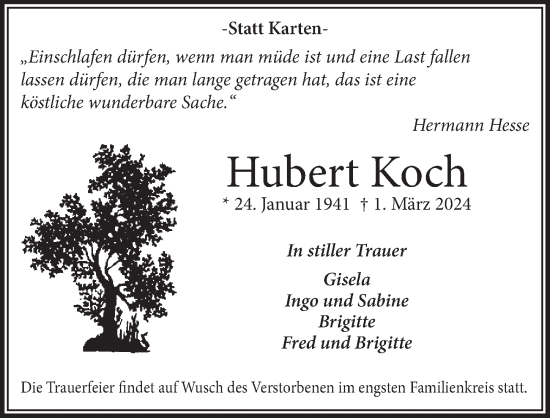 Anzeige von Hubert Koch von  Schlossbote/Werbekurier 