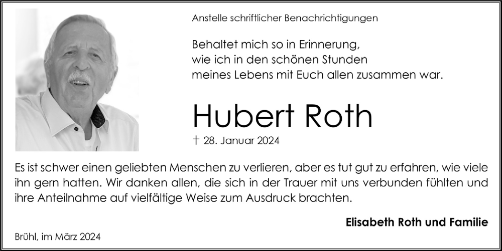  Traueranzeige für Hubert Roth vom 15.03.2024 aus  Schlossbote/Werbekurier 