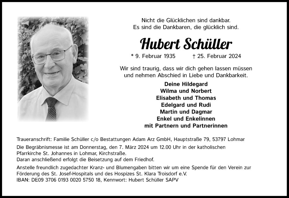  Traueranzeige für Hubert Schüller vom 02.03.2024 aus Kölner Stadt-Anzeiger / Kölnische Rundschau / Express