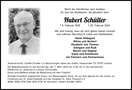 Anzeige von Hubert Schüller von Kölner Stadt-Anzeiger / Kölnische Rundschau / Express