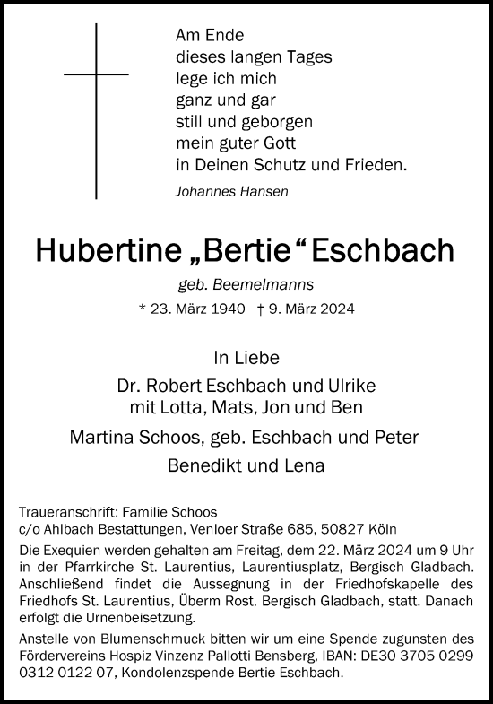 Anzeige von Hubertine Eschbach von Kölner Stadt-Anzeiger / Kölnische Rundschau / Express