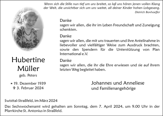 Anzeige von Hubertine Müller von  Schaufenster/Blickpunkt 