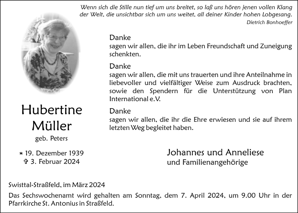  Traueranzeige für Hubertine Müller vom 28.03.2024 aus  Schaufenster/Blickpunkt 