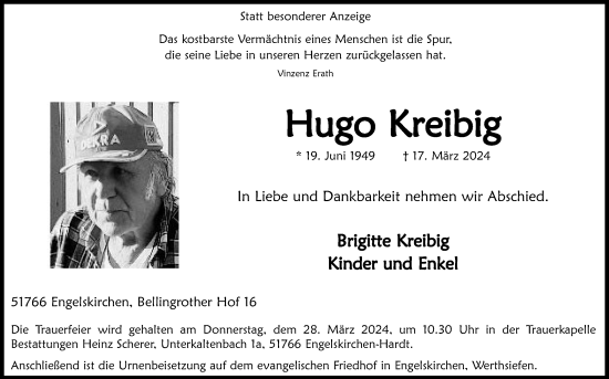 Anzeige von Hugo Kreibig von Kölner Stadt-Anzeiger / Kölnische Rundschau / Express