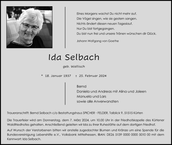 Anzeige von Ida Selbach von Kölner Stadt-Anzeiger / Kölnische Rundschau / Express