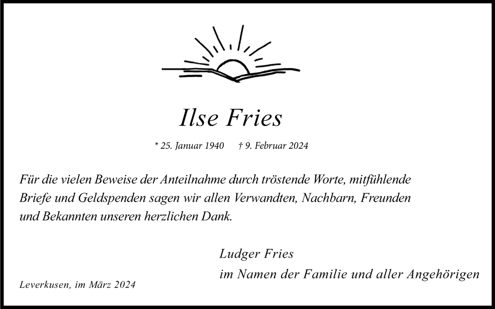  Traueranzeige für Ilse Fries vom 16.03.2024 aus Kölner Stadt-Anzeiger / Kölnische Rundschau / Express