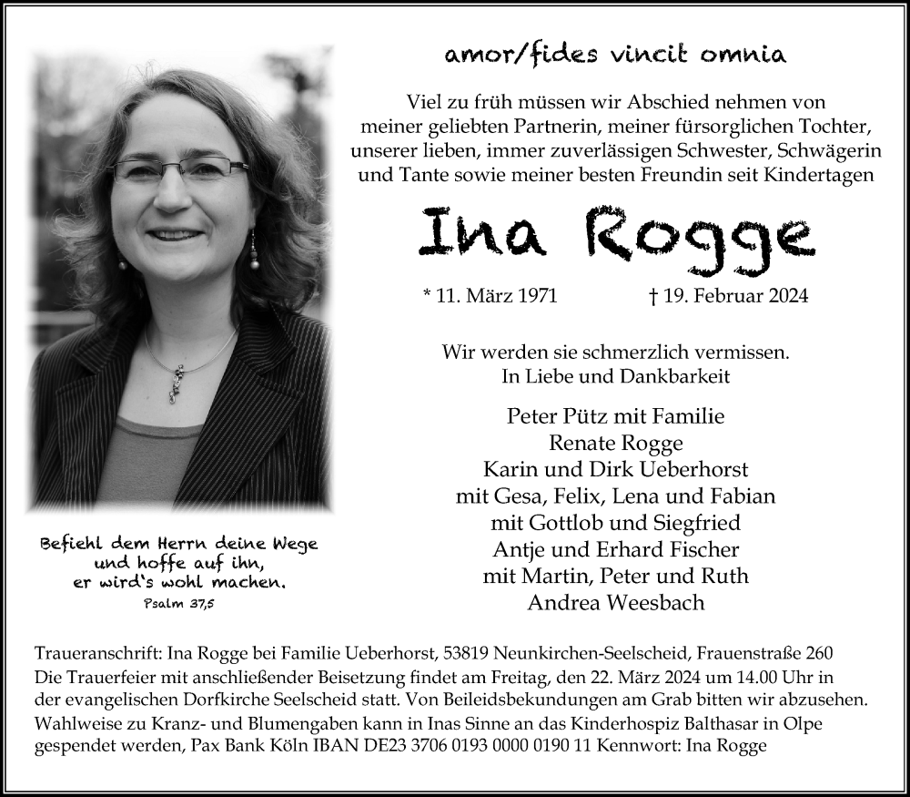  Traueranzeige für Ina Rogge vom 02.03.2024 aus Kölner Stadt-Anzeiger / Kölnische Rundschau / Express