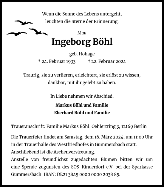 Anzeige von Ingeborg Böhl von Kölner Stadt-Anzeiger / Kölnische Rundschau / Express