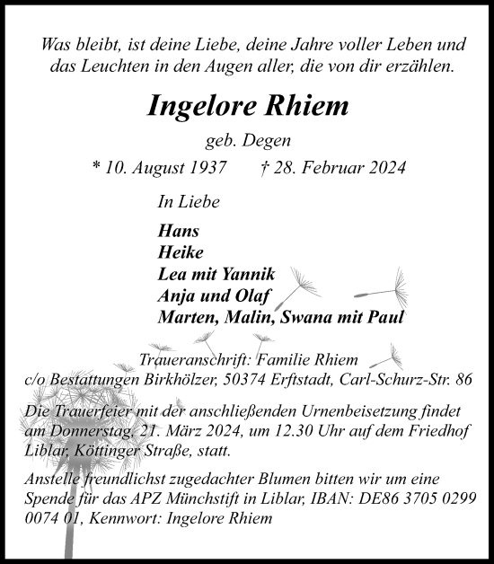 Anzeige von Ingelore Rhiem von Kölner Stadt-Anzeiger / Kölnische Rundschau / Express
