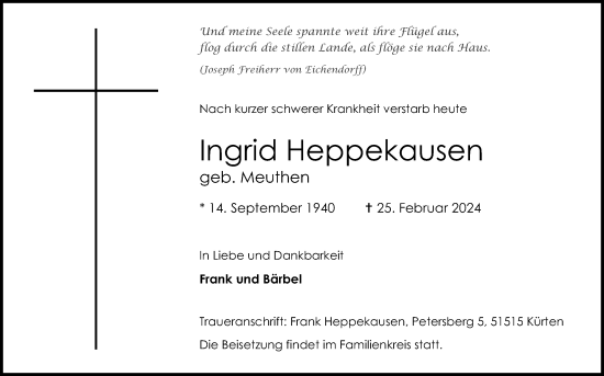 Anzeige von Ingrid Heppekausen von Kölner Stadt-Anzeiger / Kölnische Rundschau / Express