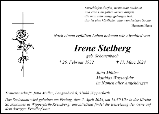 Anzeige von Irene Stelberg von  Anzeigen Echo 